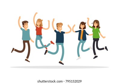 Vector illustration of happy young group of people jumping on a white background. The concept of friendship, emotions success