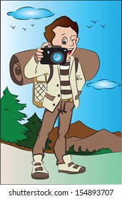 Vector illustration of happy young man taking pictures using digital camera.