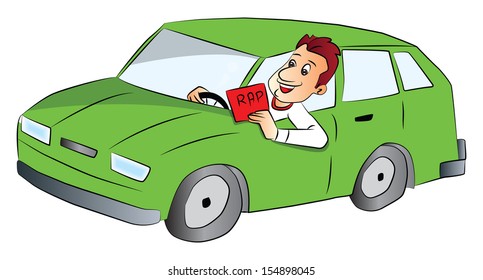 Vector illustration of happy young man driving car and showing rap sign.