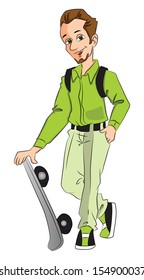 Vector illustration of happy young man holding skateboard.