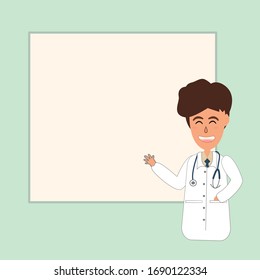 Ilustración vectorial del feliz joven médico muestra su mano en blanco. Copiar espacio para agregar texto.