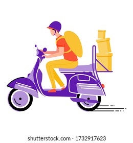 Vector Illustration des glücklichen jungen Mannes, der einen Roller in flachem Stil fährt. Konzept der Zustellung