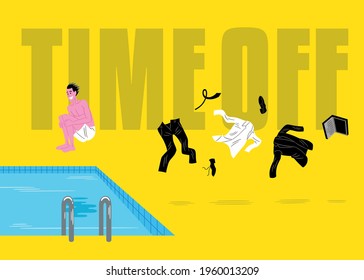 Vector illustration of a happy young man, on an isolated yellow background, wearing swimwear and jumping into a pool, after taking off his work clothes and throwing it away; with the text: Time off.