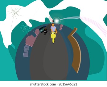 vector illustration of a happy young man riding a yellow scooter motorbike.