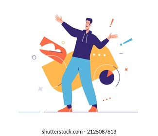Vector illustration of happy young man expresses emotions. Editable stroke, global swatches.