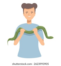 A vector illustration of a happy young man with his pet snake wrapped around his neck