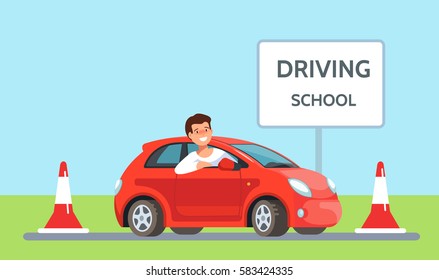 Vector illustration of happy young man siting in red driving school car outdoor in flat style. Design concept drivers education.