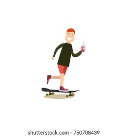 Vector illustration of happy young man riding skateboard. Street people flat style design element, icon isolated on white background.