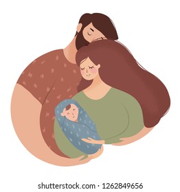 ilustración vectorial de padres jóvenes felices abrazando a su bebé