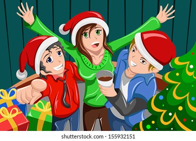 A vector illustration of happy young people having a Christmas party together