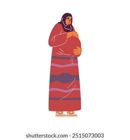 Vector illustration of a happy young pregnant girl in a hijab stroking her belly while waiting for the birth of a child. The concept of happiness in motherhood