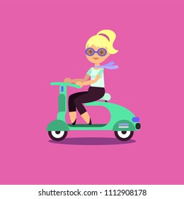 Vector illustration of a happy young woman on a scooter. Trendy flat style. Can be used for motion design or another design project.