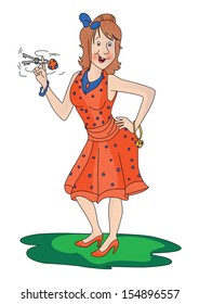 Vector illustration of happy young woman with hands on hip, holding car keys.