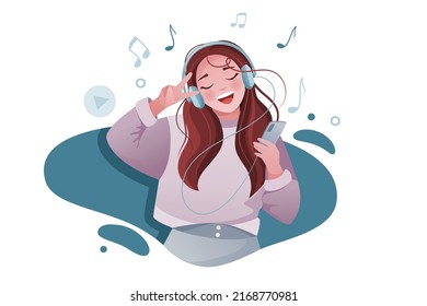 Vector illustration. Happy young woman listening and dancing to music or song with headphone plugged to smartphone or phone. Girl enjoying music.