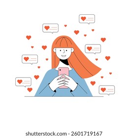 Vector illustration of a happy young woman using a smartphone. Social media notifications with hearts appear around her. Concept of likes, engagement and online communication.
