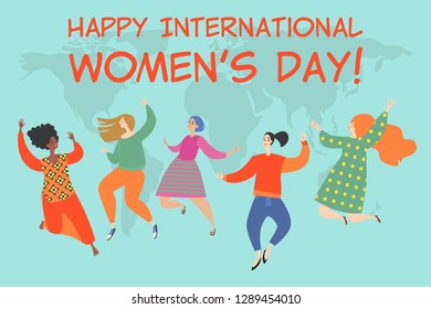 Vector illustration of happy young women of different nationalities on the background of the world map.  Cute characters for greeting cards and banners for International Women's Day