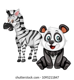 Vector Illustration of a Happy Zebra and Panda. Cute Cartoon Black and White Animals Isolated on a White Background. Happy Animals Set