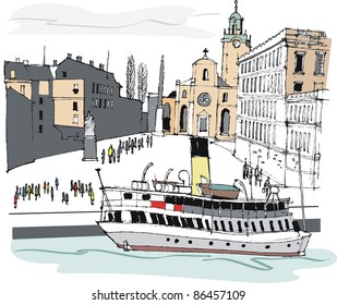 Vector illustration of harbor ferry near the historic architecture of Stockholm Old Town, Sweden.