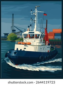 Vector Illustration of Harbour Tugboat with Blue and White Hull at Sunset Skyline – EPS10
