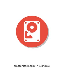 Vector illustration of hard drive sign icon on red circle background.