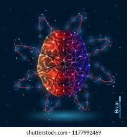 Vector illustration of hard work a brain. Design for intelligence technology. Glow abstract design. Wireframe geometry on dark blue background.