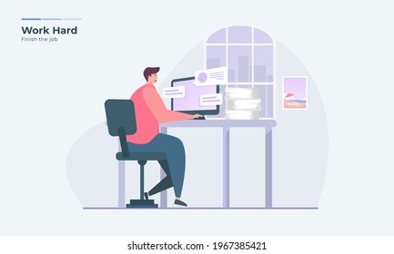 Vector  illustration of hard worker finish the job, Complete work assignments