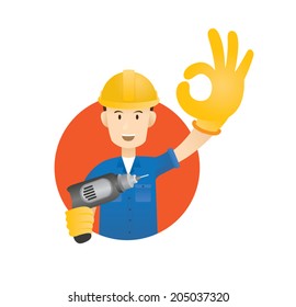 Vector illustration of Hard Worker with OK hand symbol and drill