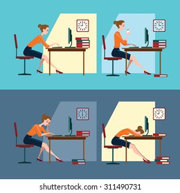 vector illustration of a hard working day in cartoon style