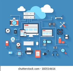 Vector illustration hardware   cloud computing concept blue background and long shadow 