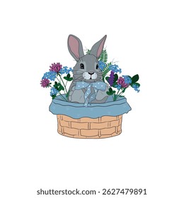 Ilustração vetorial de uma lebre em uma cesta com flores