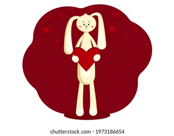 Vector illustration of a hare with a big red heart in its paws. Postcard concept for lovers