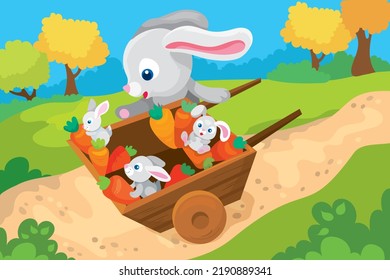 Vector illustration of hare carrying three little bunnies in cart with carrots