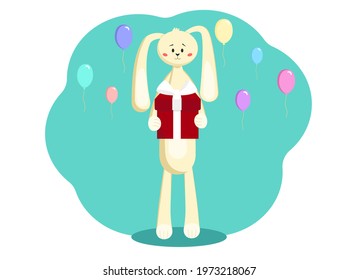 Vector illustration of a hare with a gift in its paws and a lot of balloons around