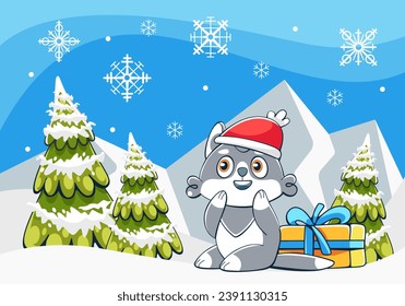 Vector illustration with a hare, gifts and Christmas trees in a snowy landscape.