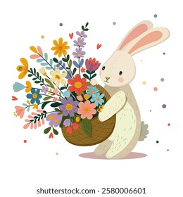 Vector illustration. Hare holding a full basket of flowers. Postcard, greeting