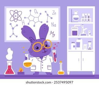 Ilustração vetorial de uma lebre segurando tubos de ensaio com produtos químicos. Imagem de animal cientista realizando pesquisa em laboratório com dispositivos químicos