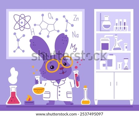Vector illustration of a hare holding test tubes with chemicals. An image with a scientist animal conducting research in a laboratory with chemical devices