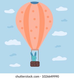 vector illustration of a hare in a hot air balloon with a background and clouds