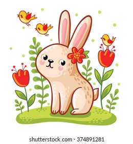 Vector illustration of a hare on a floral lawn on a white background with birds.