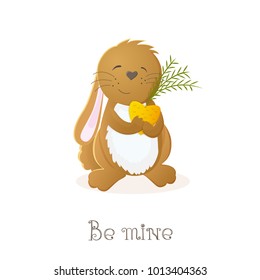 Vector illustration of a hare on a white background holds a carrot in the shape of a heart. A picture on the day of the holy valentine. Can be used for invitation card design