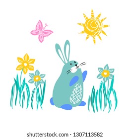 vector illustration hare rabbit  grass daffodil flower sunny weather butterfly cute design
