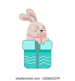 Vector illustration with a hare (rabbit) sitting in a gift box. Wonderful rabbit in cartoon style for New Year or Birthday