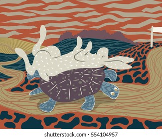 Vector illustration of a hare sleeping on the back of a tortoise to avoid losing the race