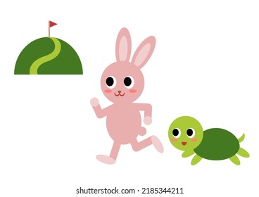 Vector Illustration of the hare and the tortoise. Fairy fable tale characters. Rabbit and turtle racing. 