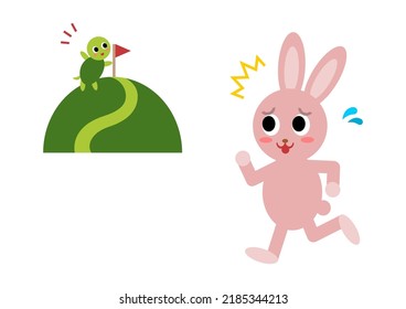 Vector Illustration of the hare and the tortoise. Fairy fable tale characters. Rabbit and turtle racing. 