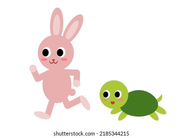 Vector Illustration of the hare and the tortoise. Fairy fable tale characters. Rabbit and turtle racing. 