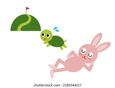 Vector Illustration of the hare and the tortoise. Fairy fable tale characters. Rabbit and turtle racing. 