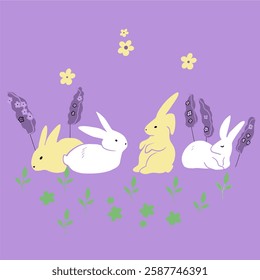 Vector illustration of hares on the lawn, rabbits on a lilac background