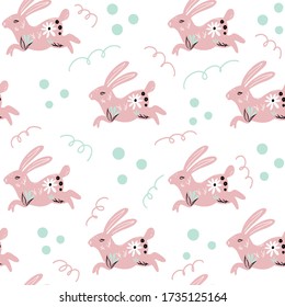 Vector Illustration of hares seamless pattern with dots and squiggles. Flower illustration for greeting card and fabric. Greeting holiday hares. Abstract hares seamless background. Pastel color.
