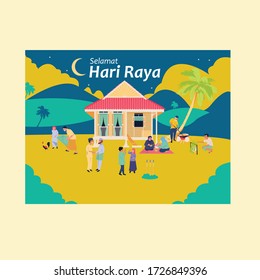 Vector Illustration Of HARI RAYA (aid) At Hometown With Family